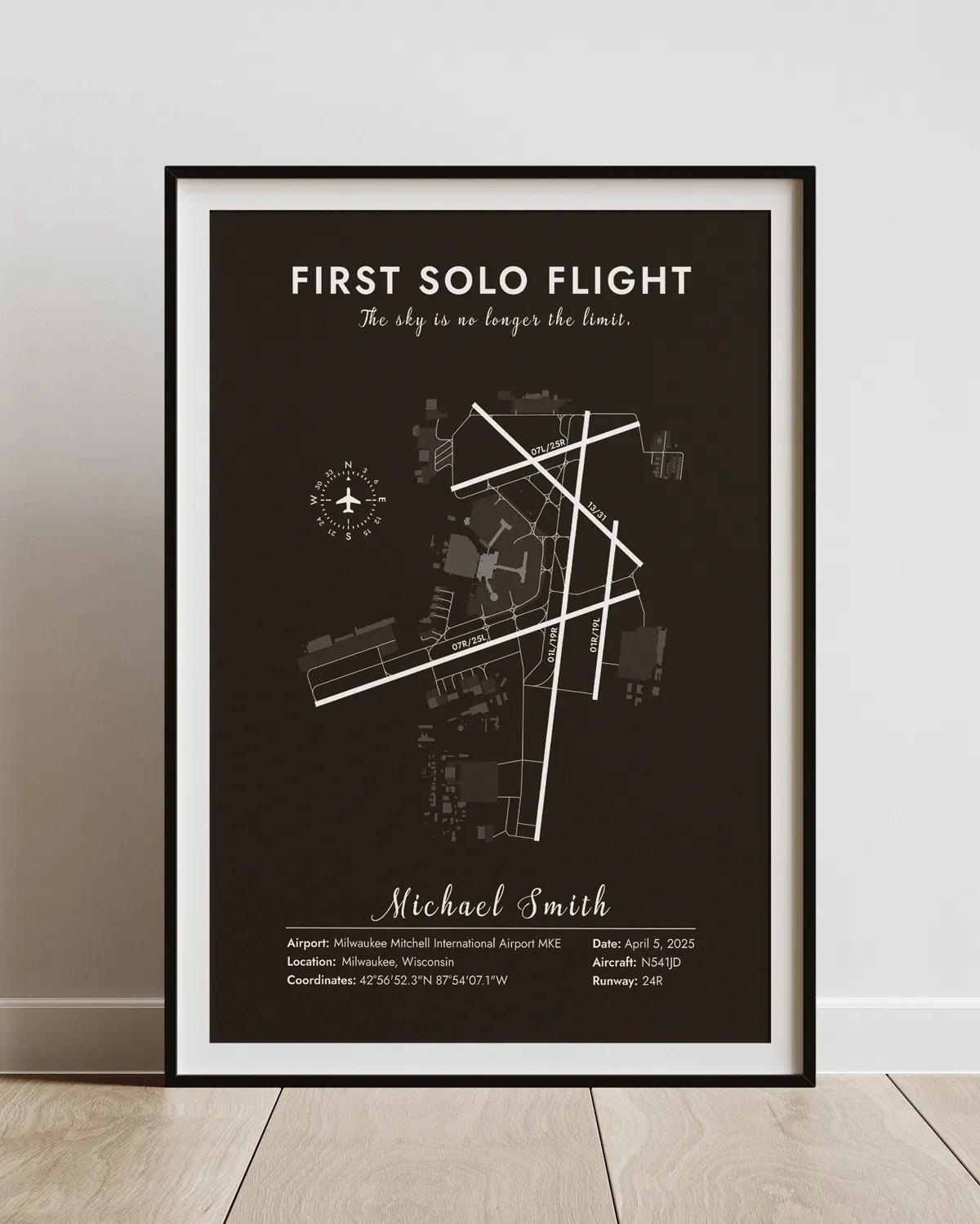 Personalised first-solo flight map showing runway with pilot name, date and tail number