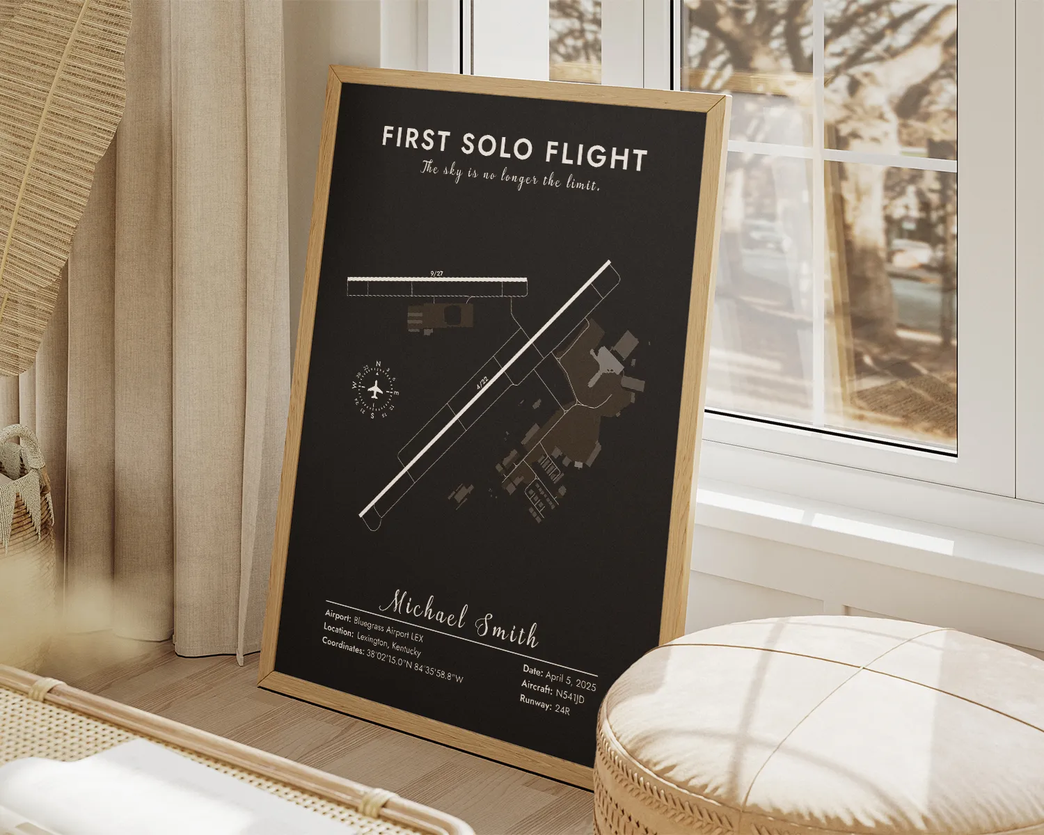 First-solo flight map framed in a warm interior