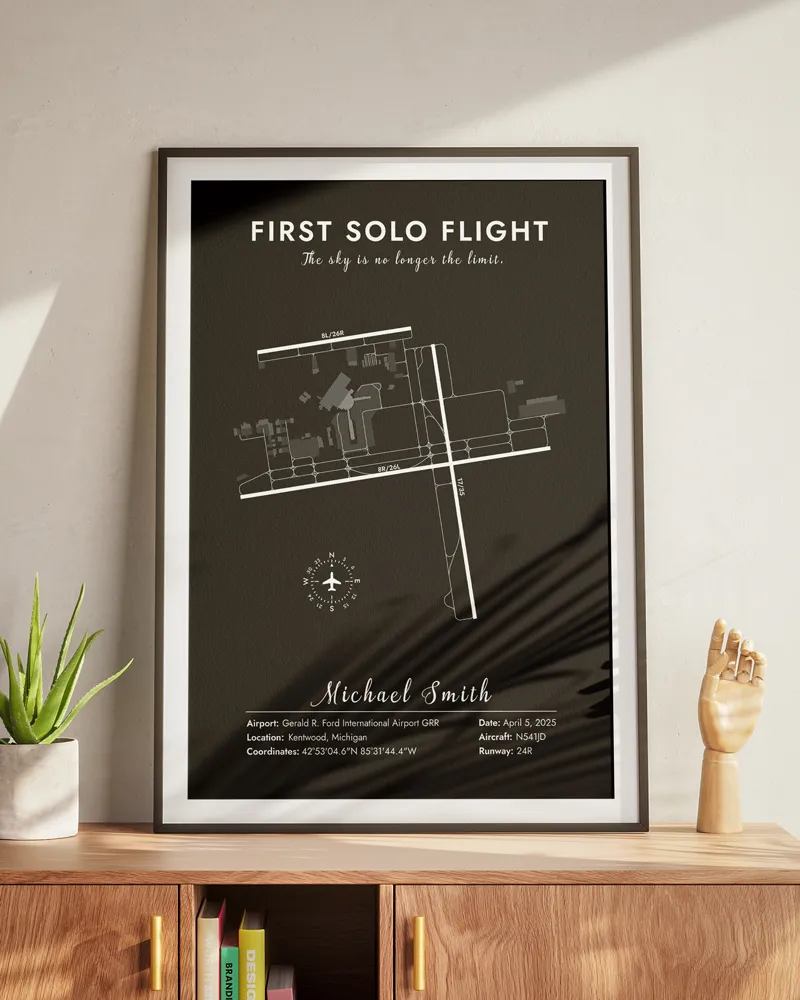 Technical airport diagram print with runway data and frequencies