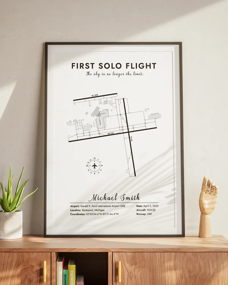 Personalised first-solo flight airport map with pilot name and date